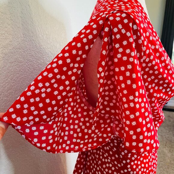 Red White Floral Flutter Sleeve Flowy Cottagecore Full Wrap Midi Dress | Large - Picture 3 of 10